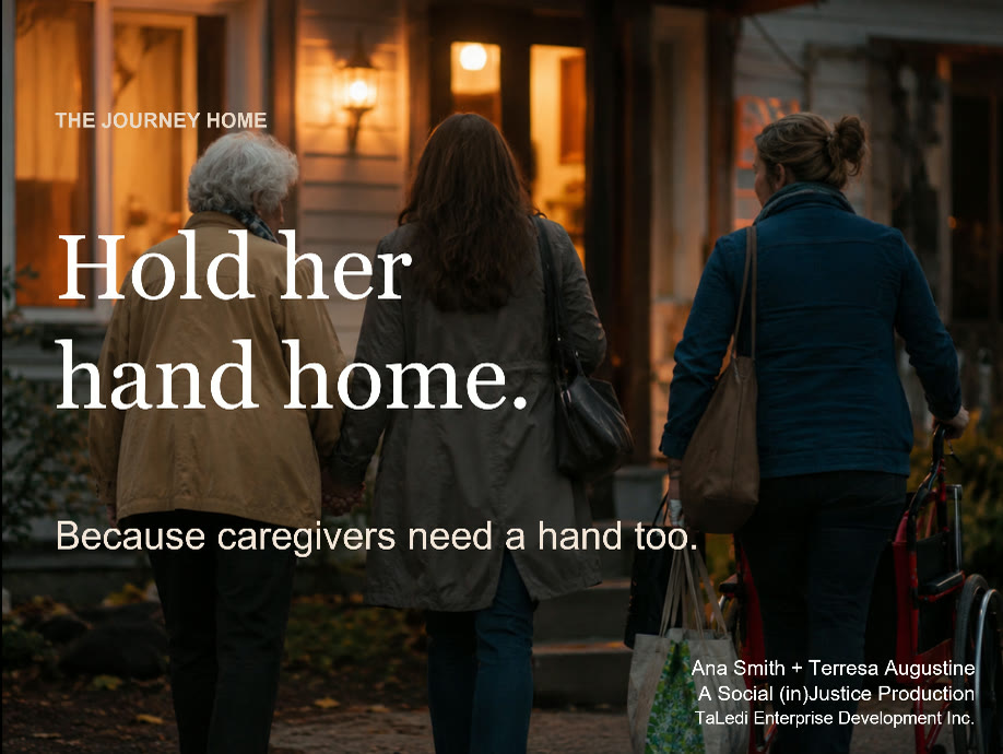 Hold My Hand Home - two women walking an older woman home at dusk