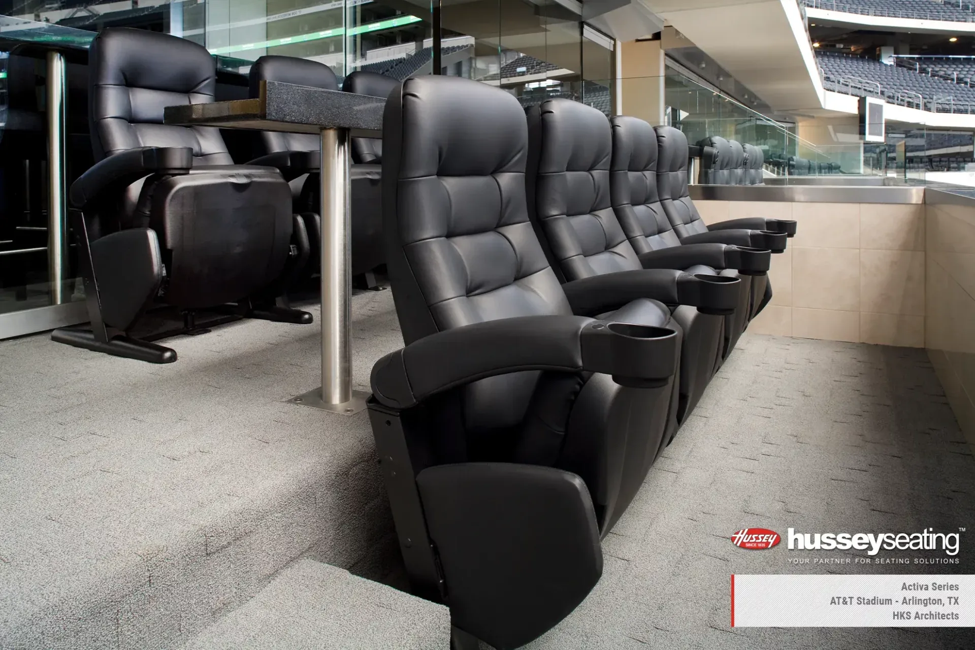 Tiered stadium spectator chairs in an arena bowl